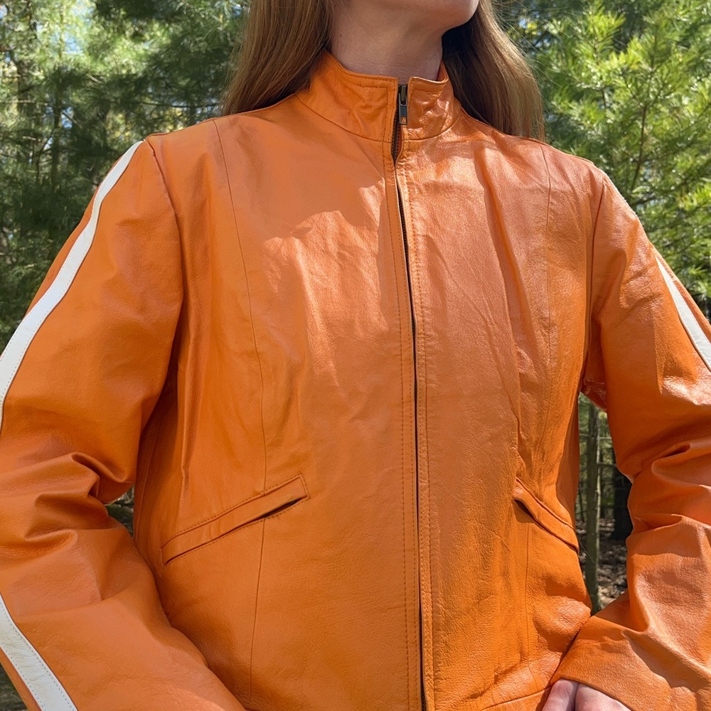 Y2K Metro Style Neon Orange Racing 100% Genuine Leather Jacket Women’s Size L - Picture 10 of 16